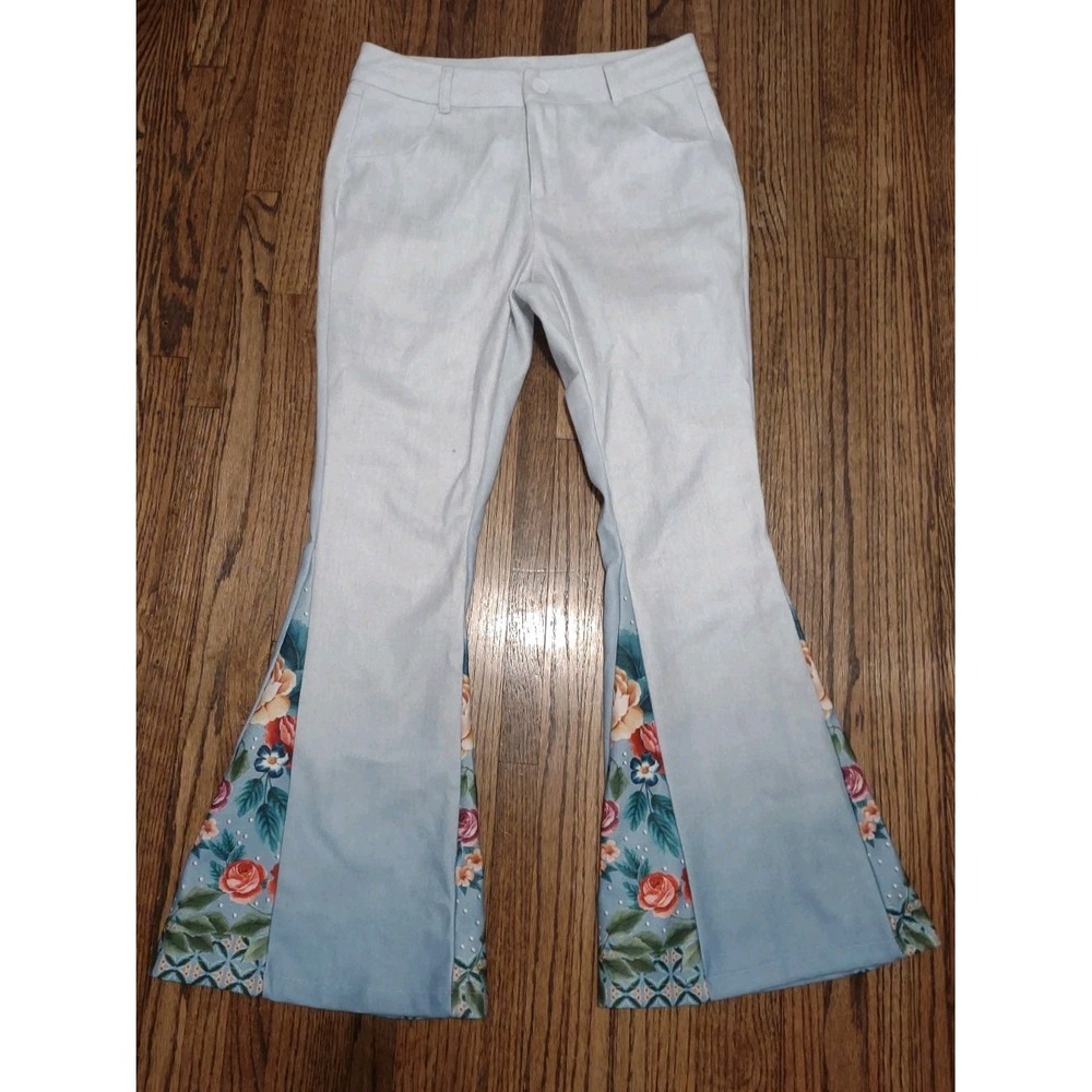 Women's 32x28 Light Wash Floral Inset Bell Bottom Flare Pants 70s Boho Festival